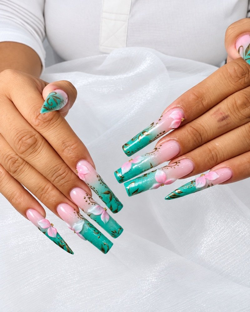 Long Gel-X nails with teal nail art, Winter Park FL